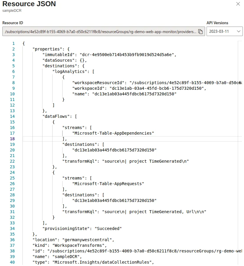 JSON-Ansicht einer Data Collection Rule