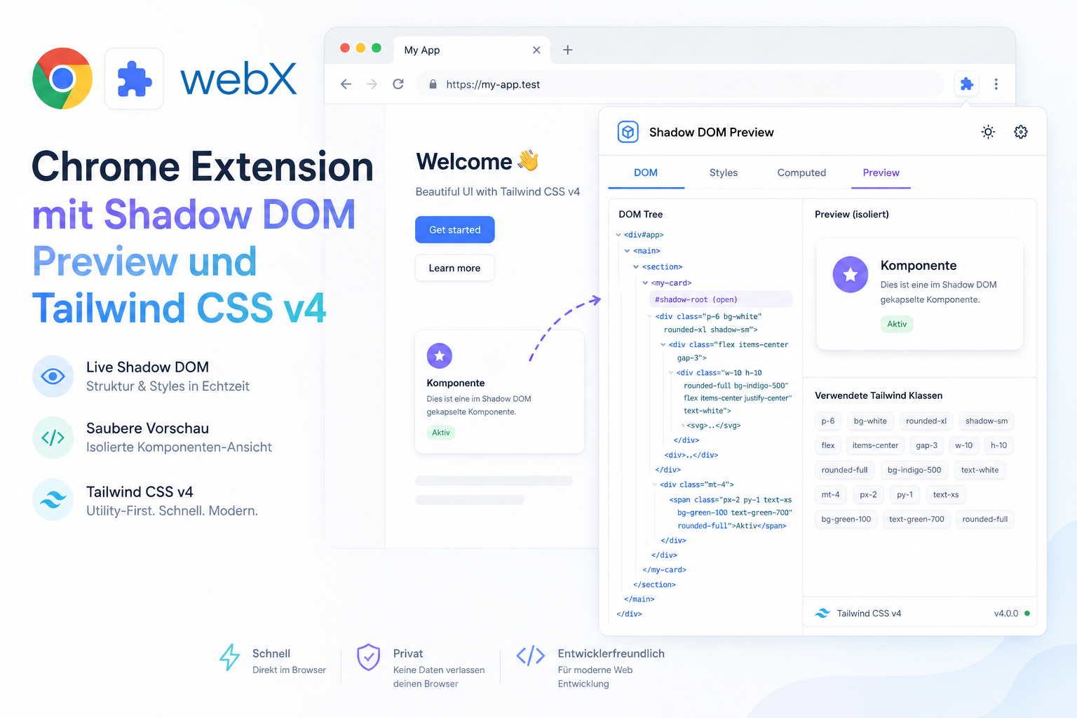Chrome Extension mit Shadow DOM Preview und Tailwind CSS v4