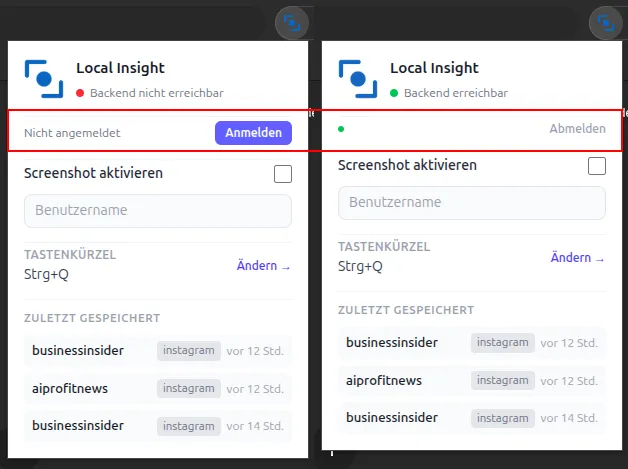 Popup mit Auth-Status: angemeldet vs. abgemeldet