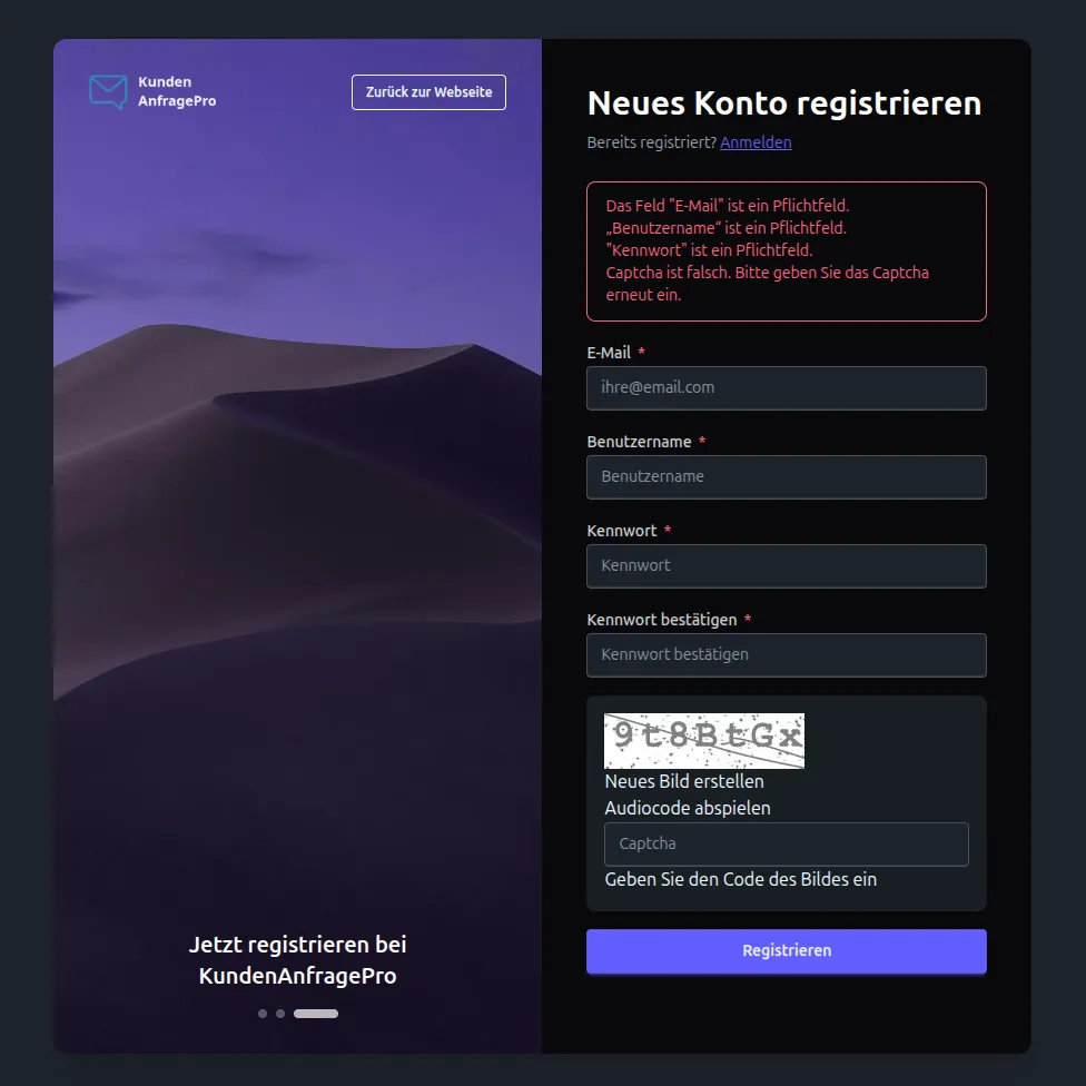 Registrierungs-Seite Desktop Design mit Validierungsfehlern