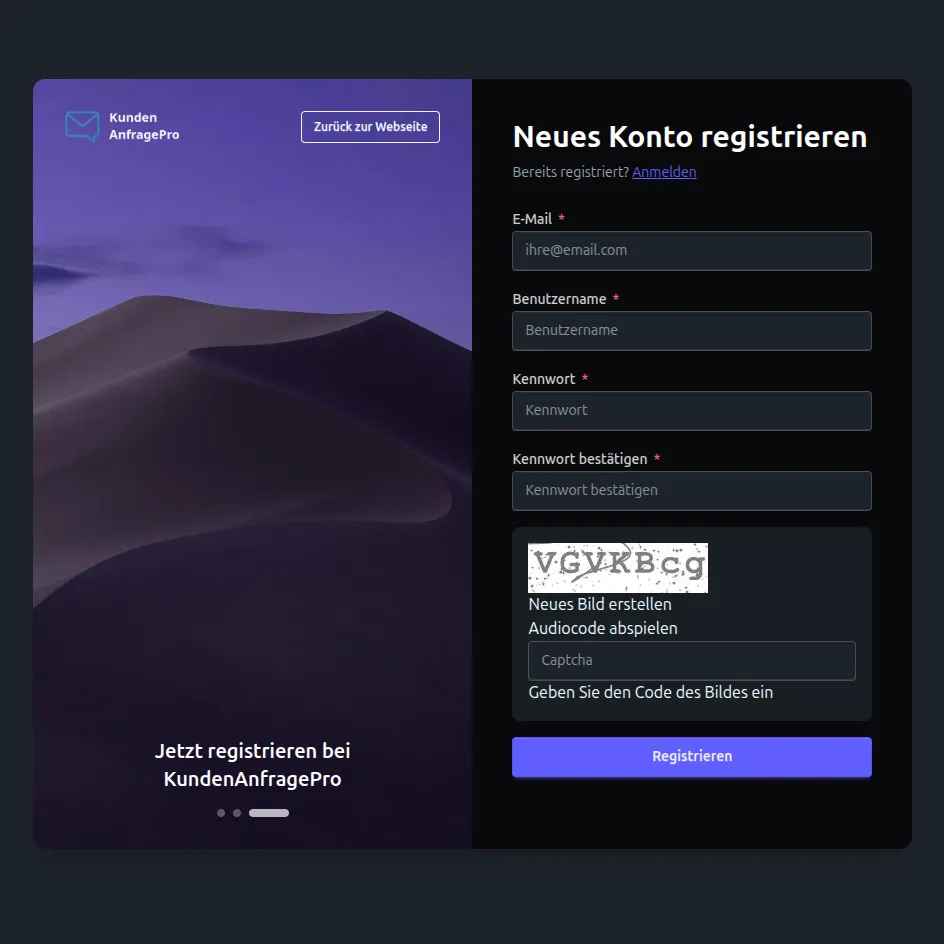 Registrierungs-Seite Desktop-Ansicht