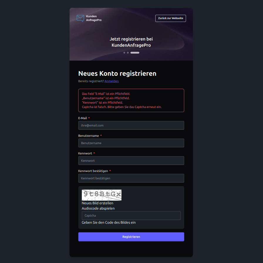 Registrierungs-Seite Responsive Ansicht mit Validierungsfehlern
