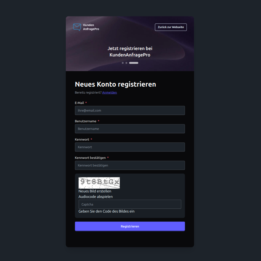 Registrierungs-Seite Responsive Ansicht