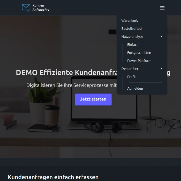 Header der angepassten Power Pages Plattform Mobile-Ansicht nach der Neuentwicklung