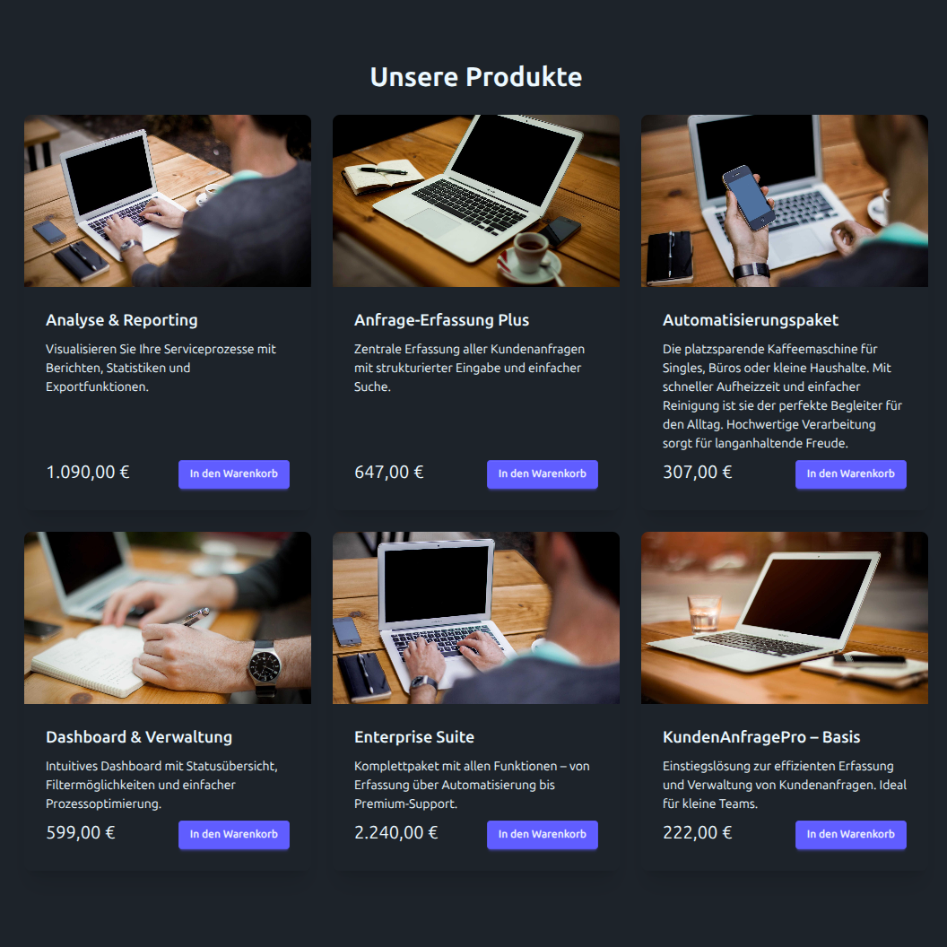 Startseite der angepassten Power Pages Plattform Produkte Abschnitt