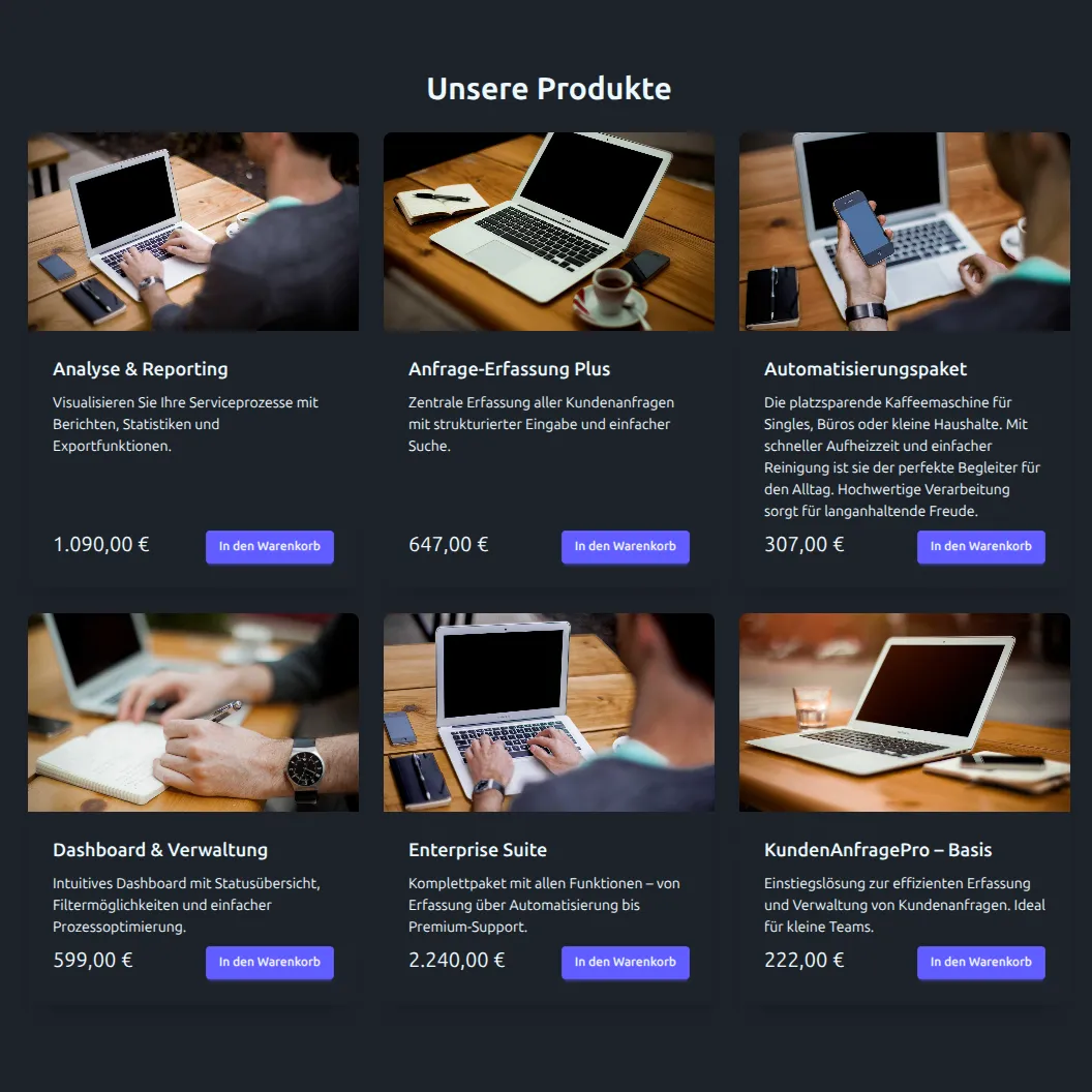 Startseite der angepassten Power Pages Plattform Produkte Abschnitt