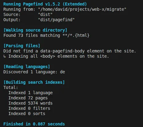 Pagefind Build Output: 72 Seiten in 0,087 Sekunden indiziert