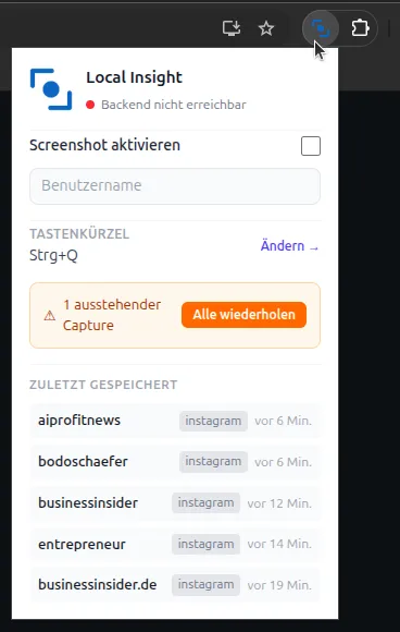 Popup-UI der Extension mit Health-Dot, Retry-Queue und Capture History