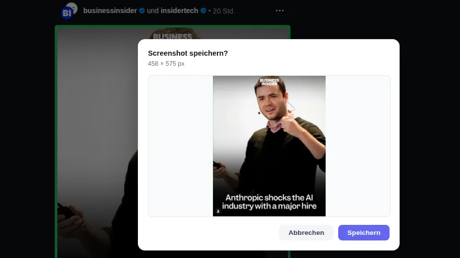 Preview-Overlay der Chrome Extension mit Vorschau-Screenshot und Bestätigen-Dialog