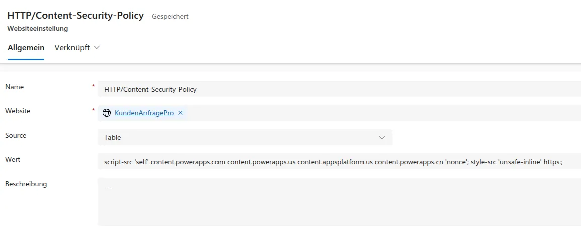 Portal Management App: CSP-Einstellung anlegen und aktivieren