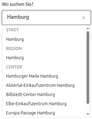 Eingabe hamburg mit getrennten Vorschlägen für Stadt, Region und Center