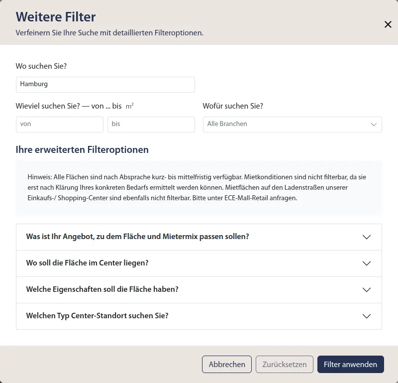 Erweiterter Suchdialog mit Suchbegriff, Mietflächenbereich, Branchenauswahl und weiteren Filtergruppen