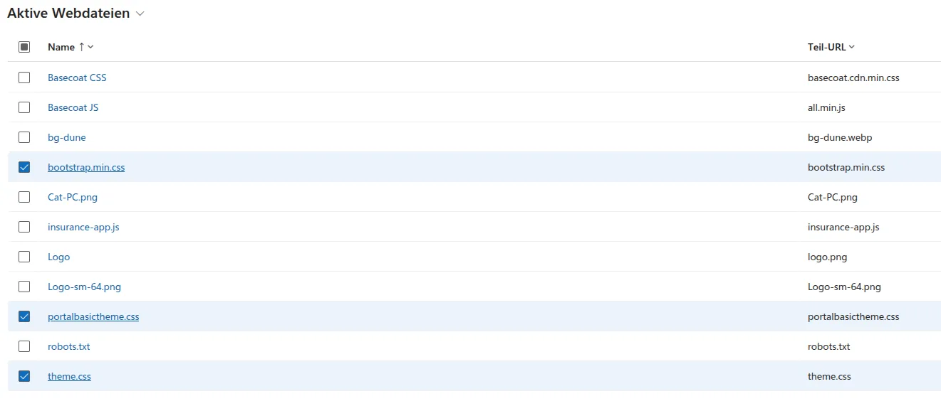 Aktive Dateien in der Power Pages Management Oberfläche