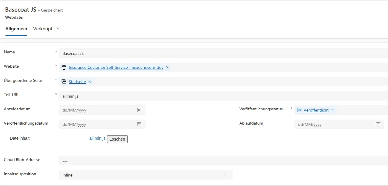 Konfiguration: Partial URL und Publishing State eines Web Files