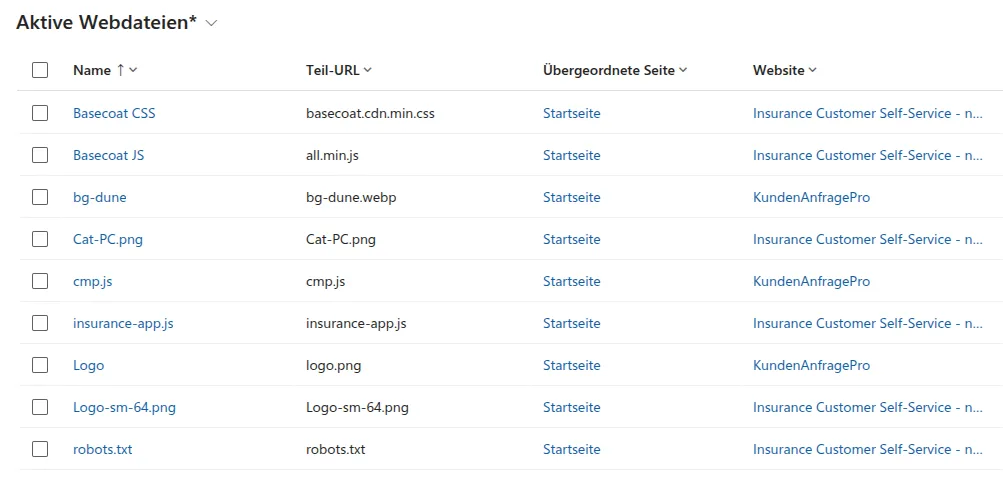 Portal Management App: Übersicht der Web Files