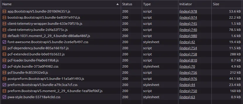 Screenshot der Browser-Netzwerkkonsole mit den geladenen .js und .css Dateien