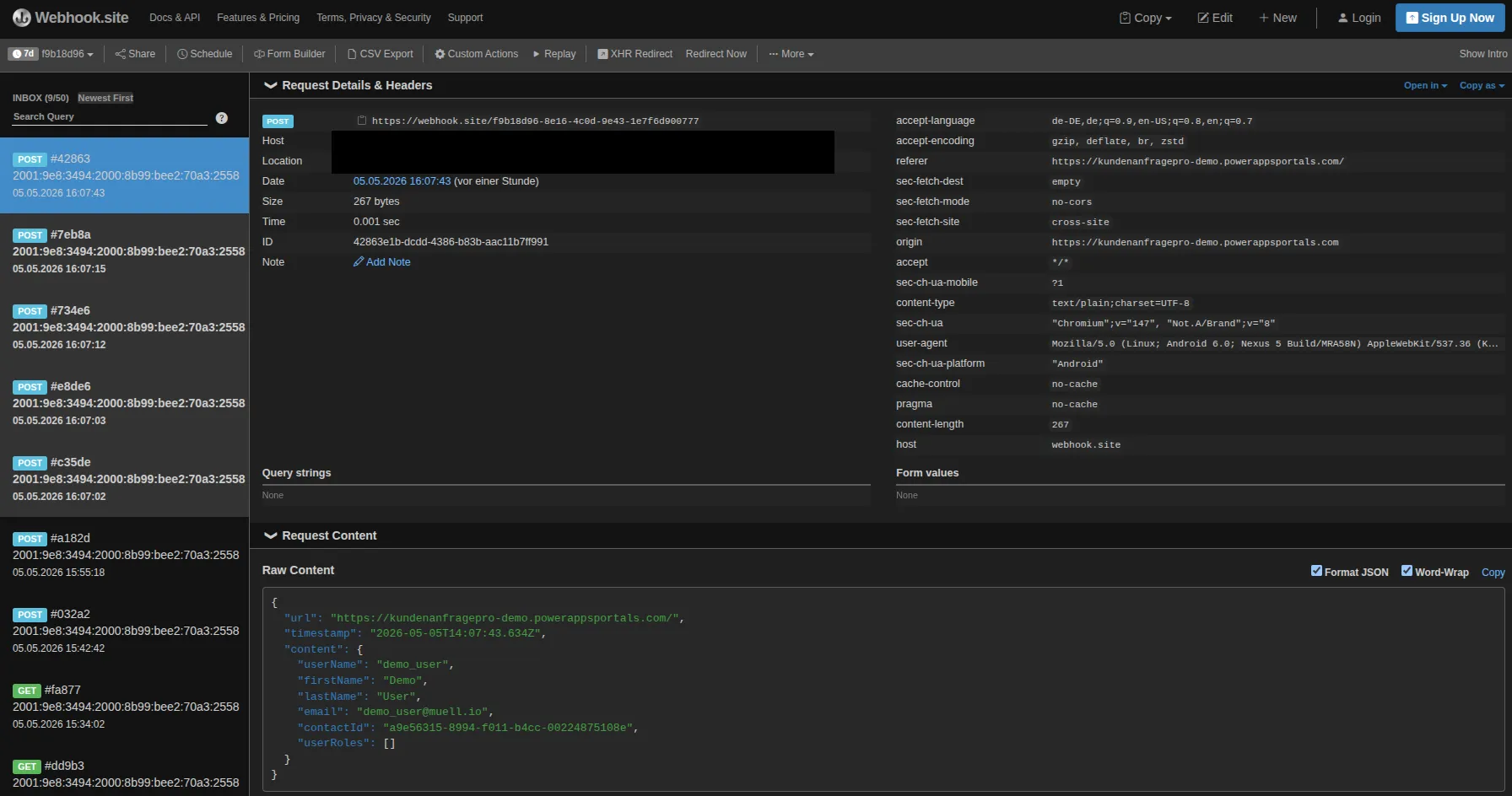 Webhook.site: Erfolgreiche Exfiltration der Benutzerdaten inklusive Header-Details
